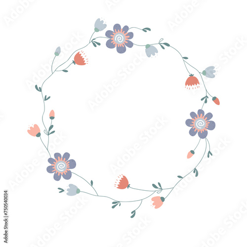 Elegant wavy flower wreath frame. Spring Scandinavian flowers border for Birthday, anniversary, greeting card, baby shower celebration