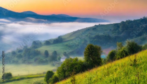 hillside near the village in morning mist