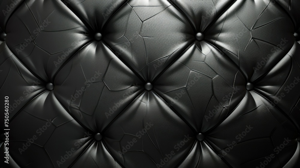 Fototapeta premium A symmetrical background composed entirely of equally-sized rhombuses, designed to resemble black leather upholstery in a diamond pattern. Generative AI.