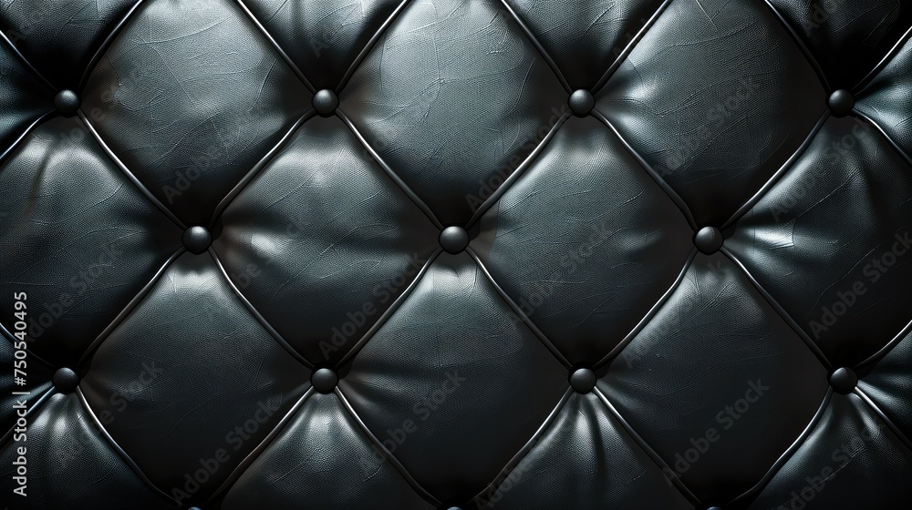 A symmetrical background composed entirely of equally-sized rhombuses, designed to resemble black leather upholstery in a diamond pattern. Generative AI.