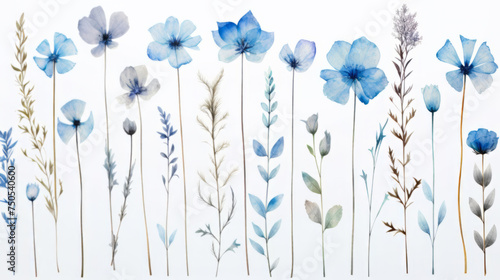 Dry pressed wild flowers isolated on white background