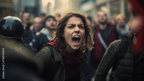 A young woman shouts a cry against the backdrop of a crowd of people © Natalia Klenova