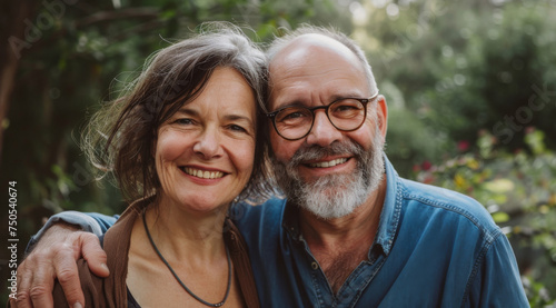 Mature, couple and portrait of a man and woman posing together for love, bonding and dating. Happy, loving and romantic people radiating positivity outdoors for content, happiness and exploration