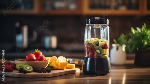 Electric blender for making fruit juice or smoothie on wooden kitchen table, healthy lifestyle concept. photo