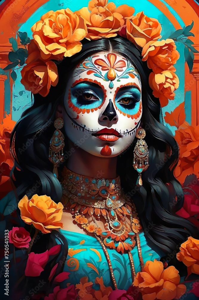 Illustration Spectacular Spirits A Fusion of Día de los Muertos and Halloween T-shirt design with Mexican Elements Illustration Spectacular Spirits A Fusion of Día de los Muertos and Halloween T-shirt design with Mexican Elements