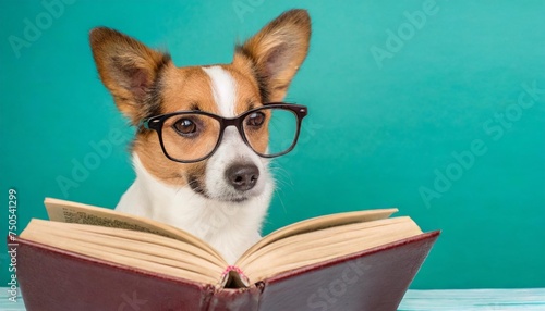 dog with glasses reads a book on a turquoise background with space for text © Kendrick