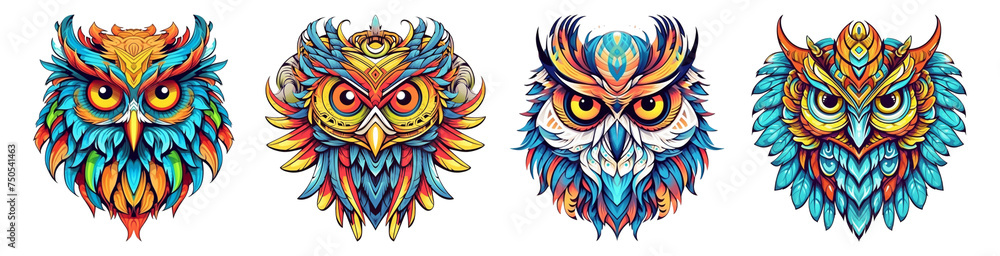 Obraz premium set of colorful owl head sticker designs, generative ai