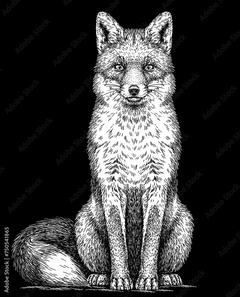 Vintage engraving isolated fox set illustration ink sketch. Wild animal background foxy animal silhouette art. Black and white hand drawn image.