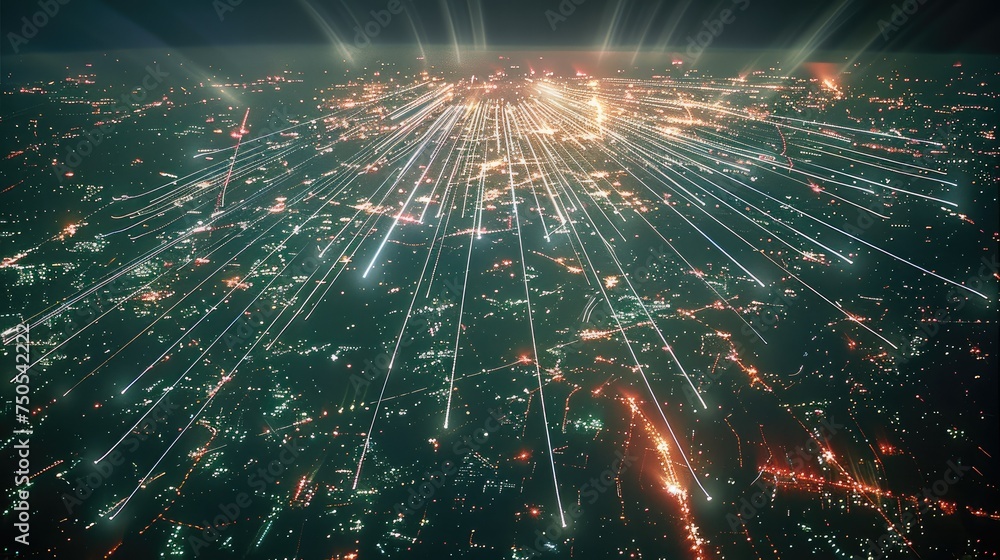 Many lines of light stretching parabolically through the air from an ...