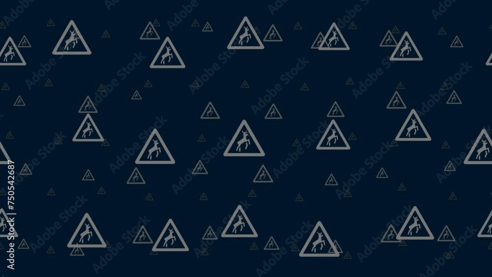 Wild animals road signs float horizontally from left to right. Parallax fly effect. Floating symbols are located randomly. Seamless looped 4k animation on dark blue background Wild animals road signs float horizontally from left to right. Parallax fly effect. Floating symbols are located randomly. Seamless looped 4k animation on dark blue background