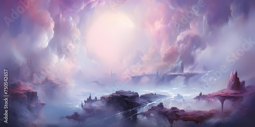 Ethereal wisps of azure and amethyst dance upon the surface of the illustration, creating an otherworldly landscape that transports viewers to a realm of pure imagination and wonder. photo