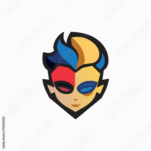 2d, flat, corporate logo, minimalistic logo 2 simple line, edgy, man head 5 with blue, red, green and gold, white background --stylize 1000, vector illustration kawaii