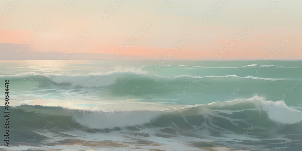 Whispering strokes of seafoam green and coral drifting softly, painting a picture of gentle tranquility.