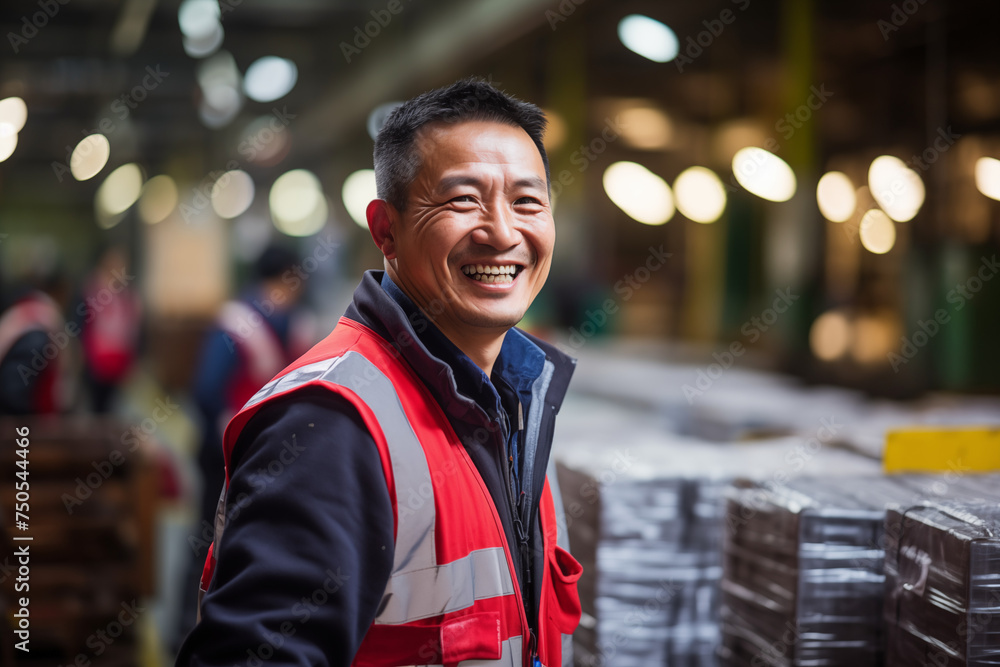 Smiling Asian man at work in a factory. Worker recruitment. Job offer. Work in industry. Jobs in a factory. Factory in Asia. Smiling Asian man at work in a factory. Worker recruitment. Job offer. Work in industry. Jobs in a factory. Factory in Asia.
