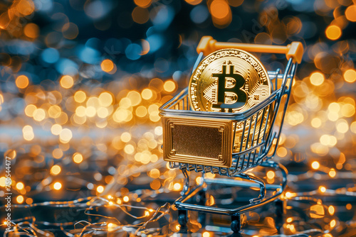 Bitcoin Coins in Shopping Cart Close Up, Economic Marketing Trend Buy and Sell Crypto Currency Concept, Stock News, Lighting, Future, with Copy Space Background, Money and Financial