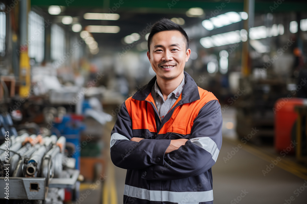 Smiling Asian man at work in a factory. Worker recruitment. Job offer. Work in industry. Jobs in a factory. Factory in Asia. Smiling Asian man at work in a factory. Worker recruitment. Job offer. Work in industry. Jobs in a factory. Factory in Asia.