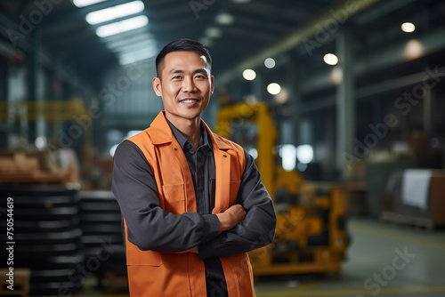 Smiling Asian man at work in a factory. Worker recruitment. Job offer. Work in industry. Jobs in a factory. Factory in Asia.