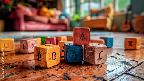 Colorful wooden blocks with letters for children. Educational toys, children's toys, teaching materials, learning and cognitive development tools. © JMarques