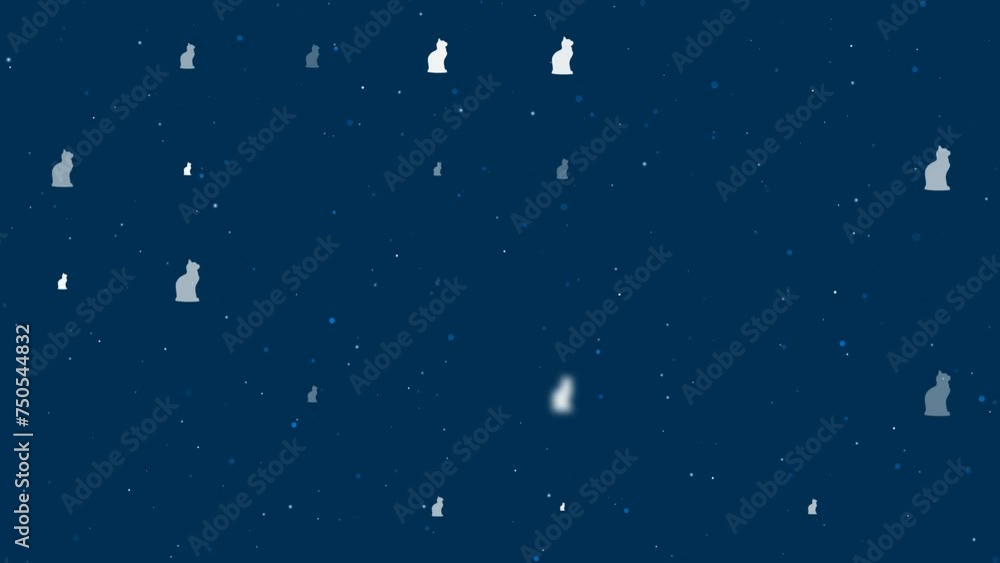 Template animation of evenly spaced cat symbols of different sizes and opacity. Animation of transparency and size. Seamless looped 4k animation on dark blue background with stars Template animation of evenly spaced cat symbols of different sizes and opacity. Animation of transparency and size. Seamless looped 4k animation on dark blue background with stars