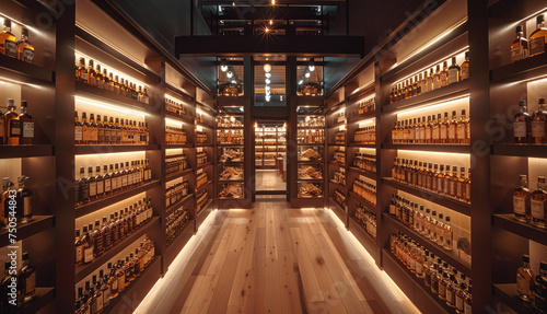 A corridor full of shelves of whisky bottles. Generative AI.