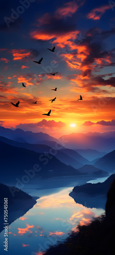 a flaming The sunset in the middle of two mountains and the birds fly shaped wallpaper design abstract organic colorful background 9:20, ai generative photo