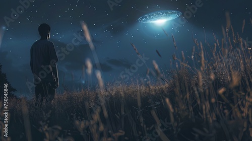 Man in a field looks at a landed UFO at night, with an alien emerging. Cinematic, 4K, backlit, and realistic.
