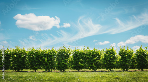 A row of green vines in a field with a blue sky in