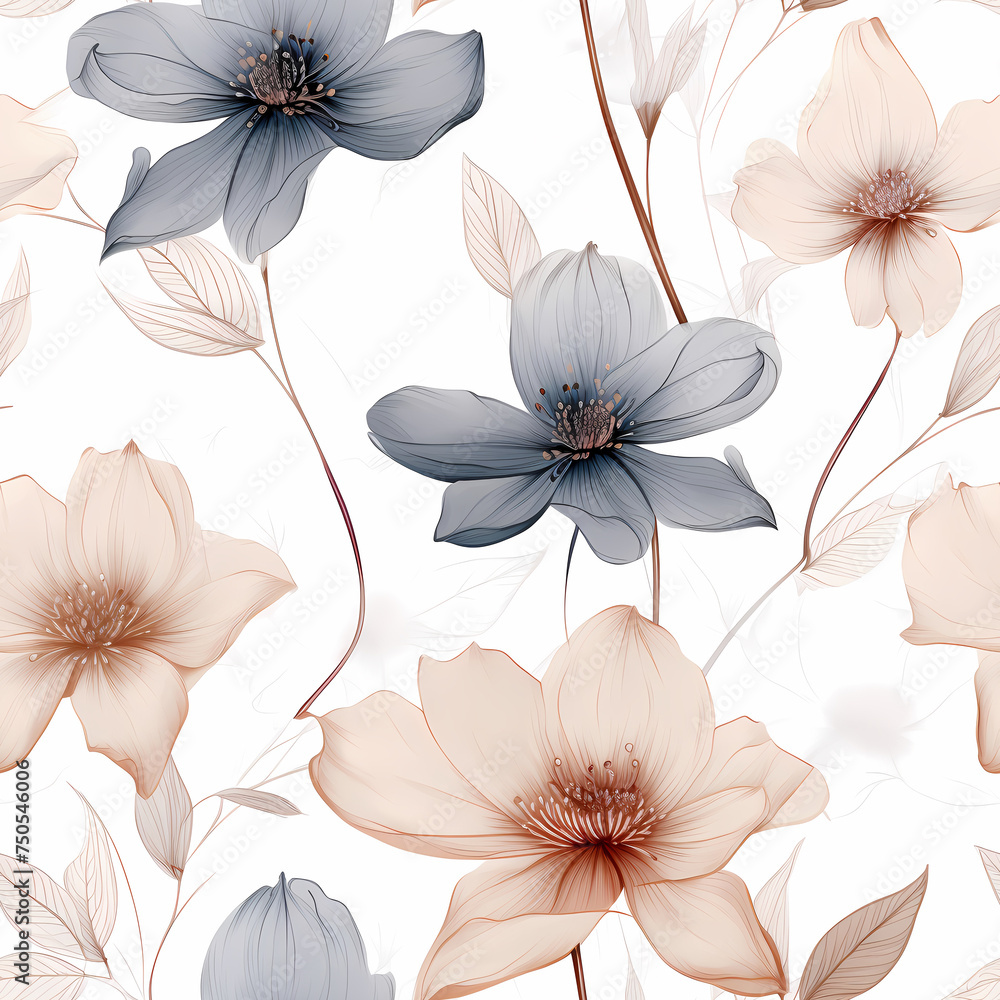 Watercolor flowers seamless pattern. Beautiful delicate background with golden lines.