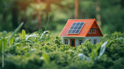 A small house with a solar panel on the roof.