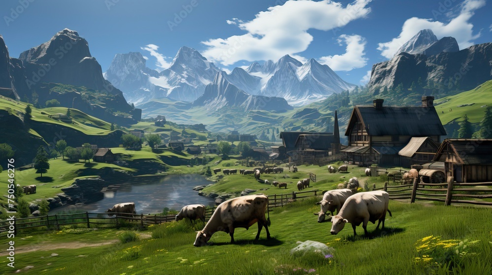 A tranquil alpine meadow with grazing sheep 
