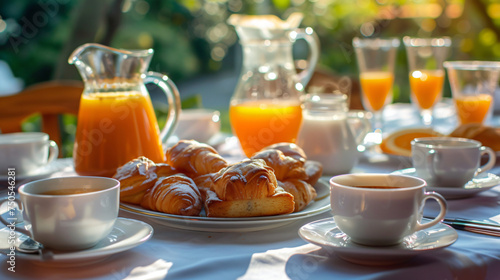 A table topped with plates of pastries and cups