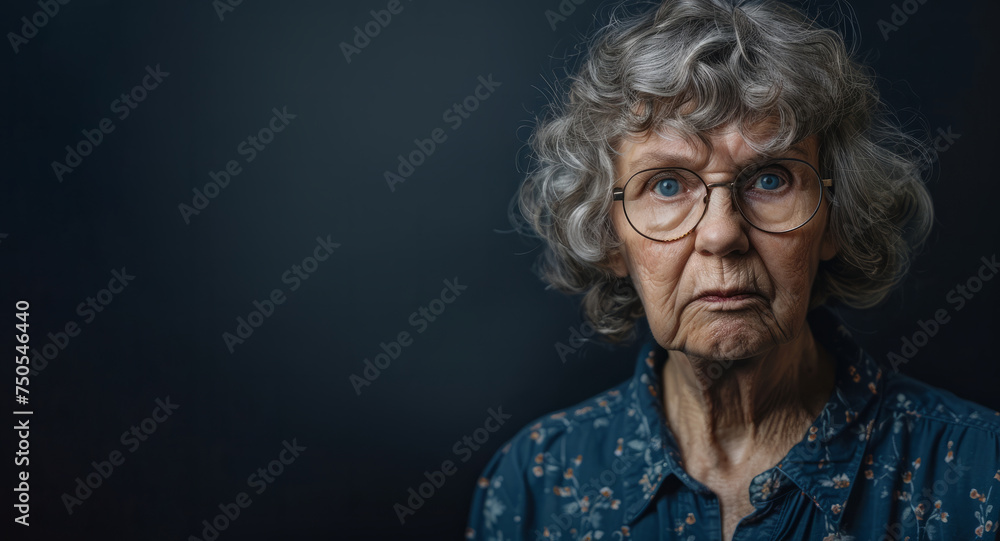 A woman with glasses and gray hair is looking at the camera. She is wearing a blue shirt with a floral pattern. Banner in a dark background. copy space.