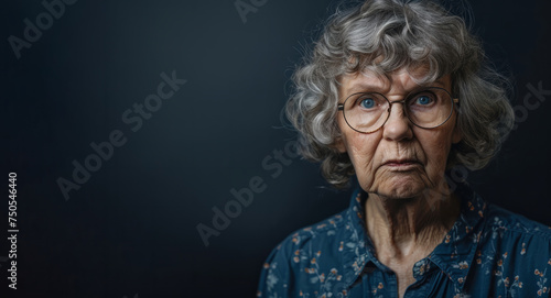 A woman with glasses and gray hair is looking at the camera. She is wearing a blue shirt with a floral pattern. Banner in a dark background. copy space.