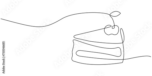 Vector illustration in one line art style with cake and cherry