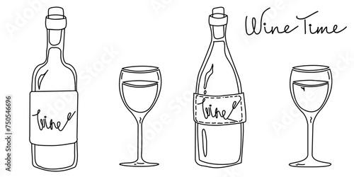 Vector set of wine bottles and glasses isolated on white background in one line art style