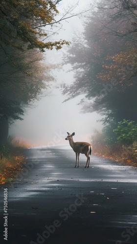 Wild animal on asphalt road in foggy morning 