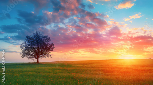 A tree in a field with a sunset in the background. © Cybonad