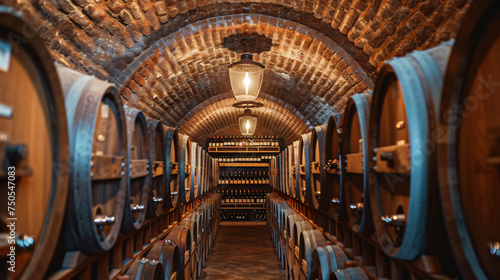 A tunnel with barrels and a light hanging from the © Cybonad