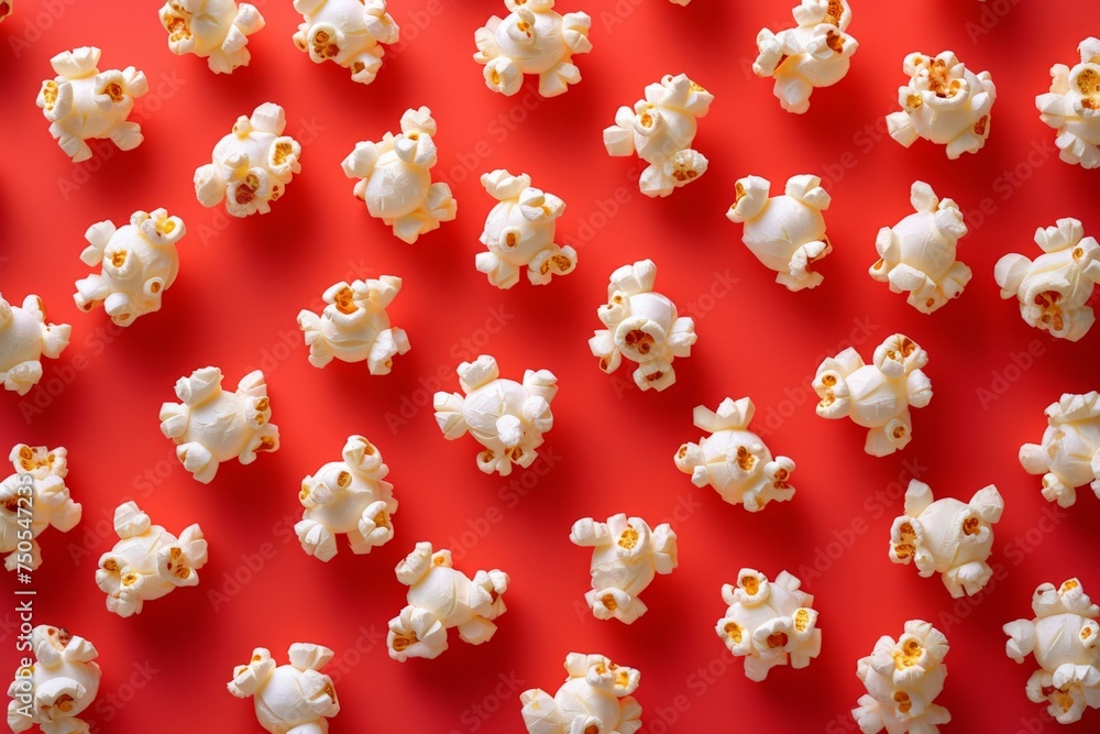 Delicious Popcorn Spread Out on Vibrant Red Background, Top View Flat Lay Concept Delicious Popcorn Spread Out on Vibrant Red Background, Top View Flat Lay Concept