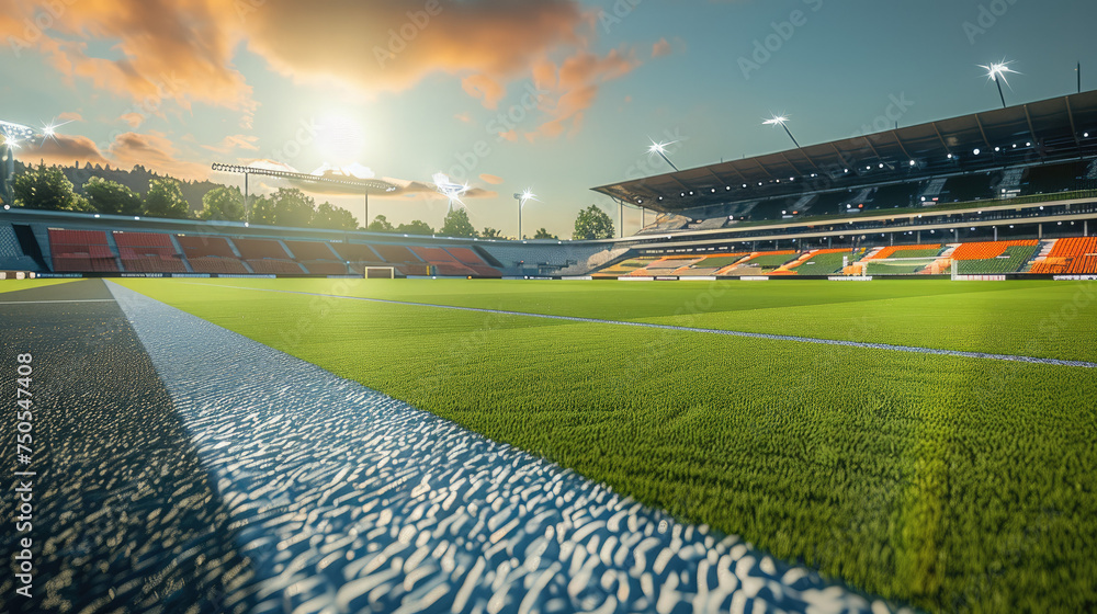 Fototapeta premium Soccer pitch, stadium seats, sunny. Generative AI.