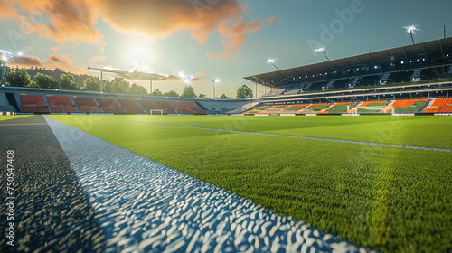 Soccer pitch, stadium seats, sunny. Generative AI.