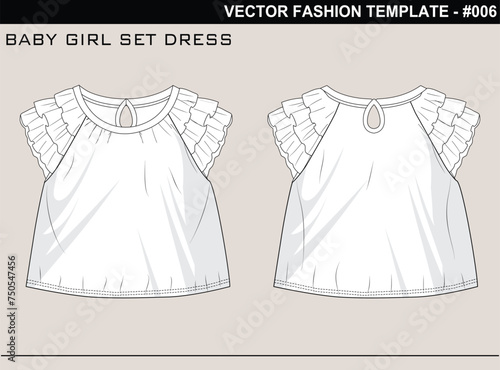 EASY EDITABLE FASHION TECHNICAL FLAT SKETCH ILLUSTRATION DESIGN BABY GIRLS CREW NECK RUFFLE TOPS AND SKIRT