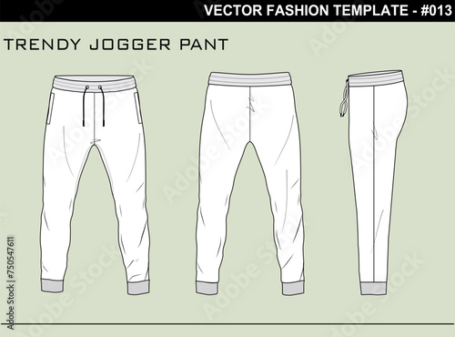 EASY EDITABLE FASHION TECHNICAL FLAT SKETCH ILLUSTRATION DESIGN TRENDY JOGGER PANT.