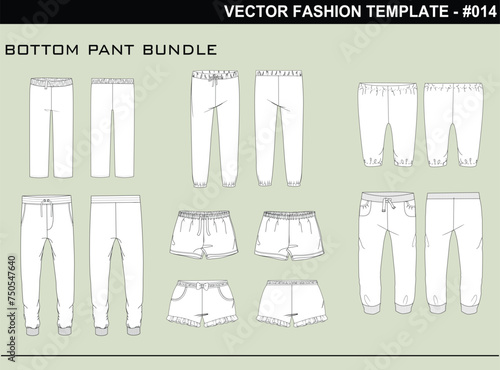 EASY EDITABLE FASHION TECHNICAL FLAT SKETCH ILLUSTRATION DESIGN BOTTOM PANT BUNDLE