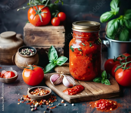 Jar with homemade delicious tomato sauce on rustic table with ingredients, still life © VICUSCHKA