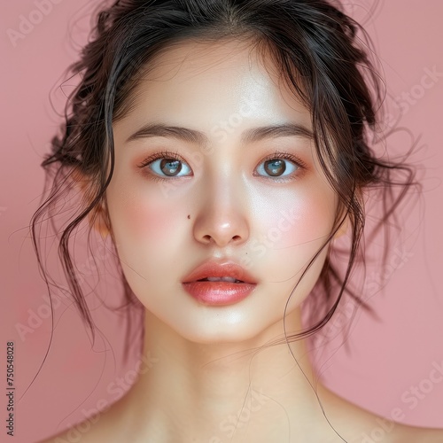 Asian skin model woman natural skin on pastel background. Generative AI.