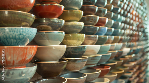 A wall of bowls are stacked on top of each other.