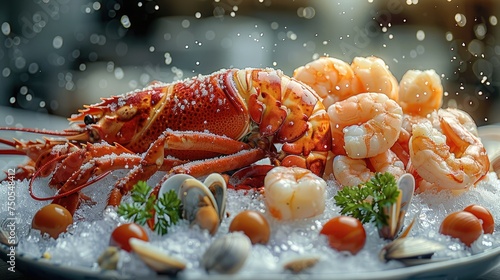 Seafood platter with lobster, scallops, clams and shrimp on ice. Generative AI.