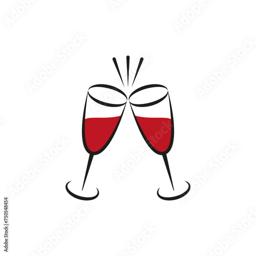 Two wine glasses. Clink, cheers and toasting. Vector icon.