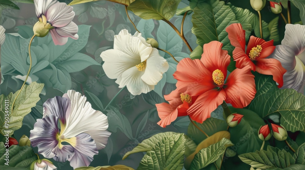 Fashion oil painting Red hibiscus flower on a dark green background, pastel flowers, peonies, roses, echeveria succulent, white hydrangea, ranunculus, anemone, and eucalyptus, design wedding bouquets. Fashion oil painting Red hibiscus flower on a dark green background, pastel flowers, peonies, roses, echeveria succulent, white hydrangea, ranunculus, anemone, and eucalyptus, design wedding bouquets.